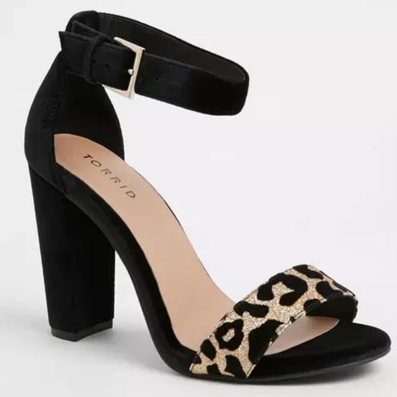 torrid Shoes - Torrid Staci - Black Velvet & Gold Glitter Leopard Ankle Strap Sandals 9.5W NWT
